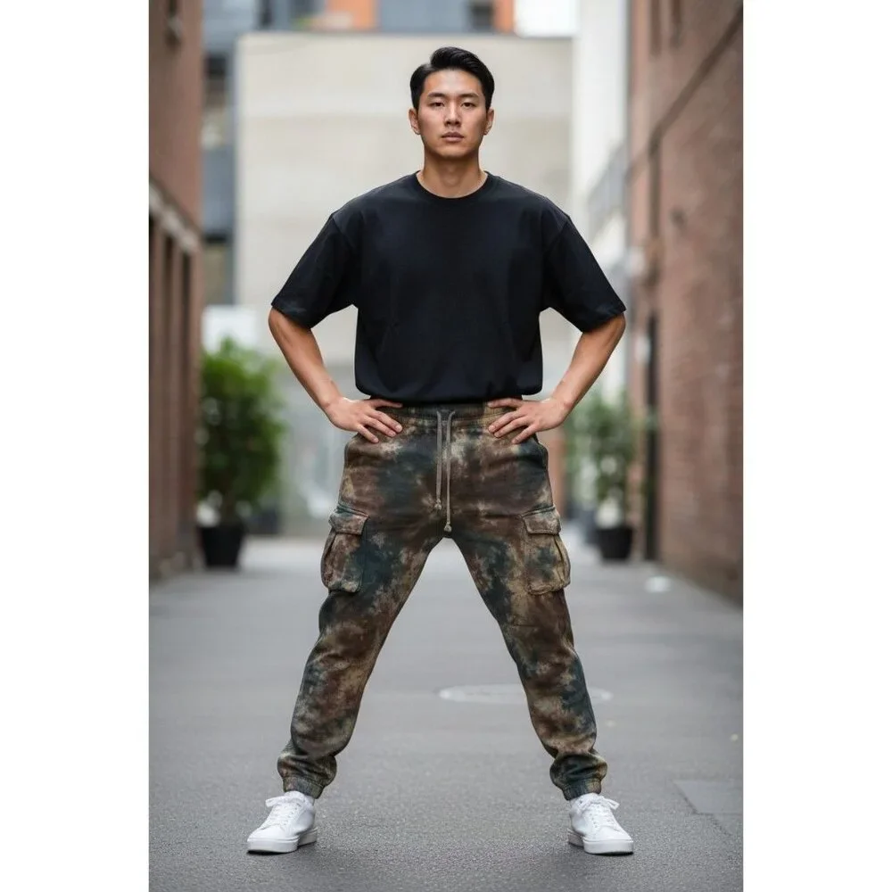 MNML Brown & Green Camo Cargo Pants L Relaxed Fit Straight Leg 100% Cotton Made